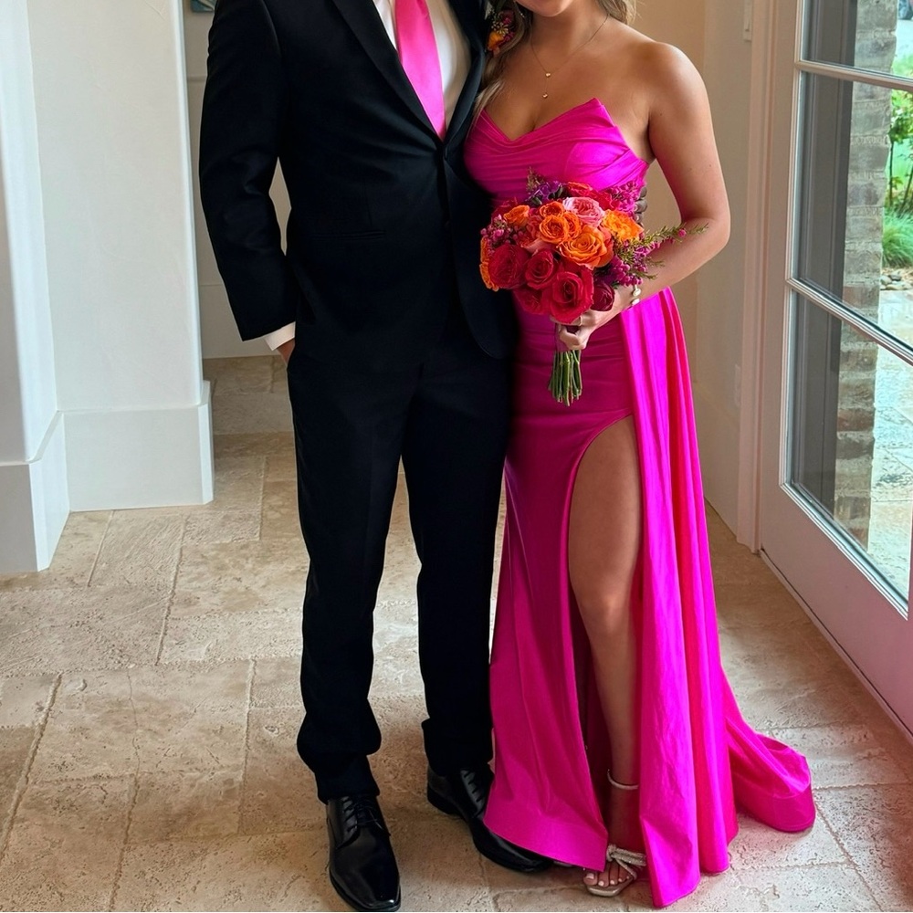 Vibrant Pink Strapless Gown with High Slit